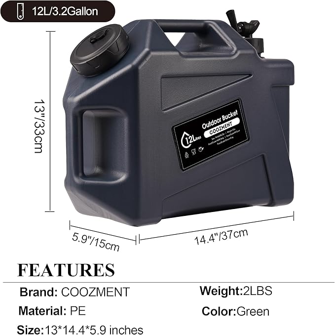 COOZMENT 3.2 Gallon/5 Gallon Water Containers with Spigot, BPA Free Water Jug, Military Green Water Tank, Multifunction Water Storage Containers for Camping Outdoor Hiking,Emergency Stroage