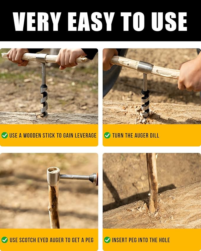 Upgrade Bushcraft Tools, 1 X 10'' Hand Auger Wood Drill, Sharper Settlers Wrench for Easy Drilling, Protable Scotch Eye Auger, Outdoor Survival Gear for Camping Backpacking Hiking