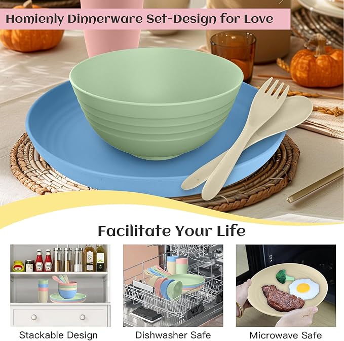 Homienly Wheat Straw Dinnerware Sets 20 PCS Cups and Plates Sets for Kitchen Microwave and Dishwasher Safe Plate Set Unbreakable Camping Dish Set Kids Plates and Bowls Sets for Picnic, RV (Multilight)