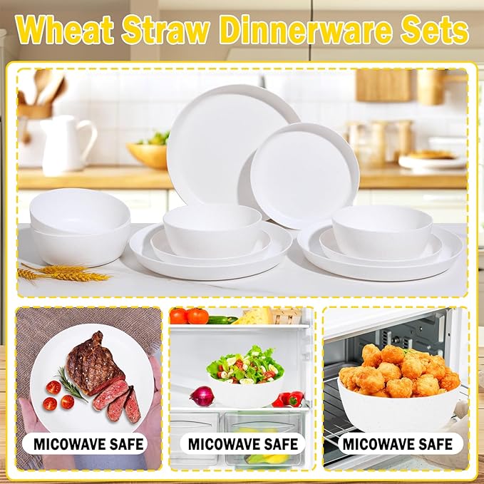 EI 12pcs White Wheat Straw Plates,Wheat Straw Dinnerware Set,Plates and Bowls Sets,Unbreakable Plastic Plate,Plastic Plates Reusable,Dinner Plates Set of 4,Plastic Dishes Set