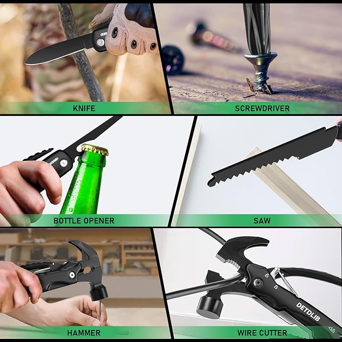 DETDLIB12-in-1 Multitool Hammer, Birthday Gifts for Men, Essential for Camping, Hiking, Cool Gadget, Gifts for Men. Women, Dad, Him, Husband, Father, Mechanic, Boyfriend, Black
