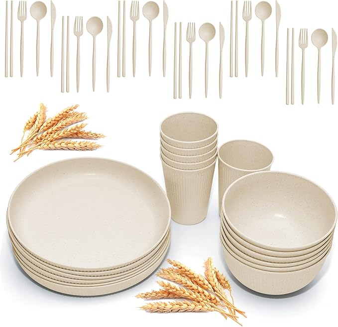 Wheat Straw Dinnerware Sets -DAPIPIK 42 Piece Unbreakable Dinnerware Sets for 6, Kitchen Plates and Bowls Set, Lightweight Camping Plates Cups and Bowls Set.Dishwasher Microwave Safe Dinnerware