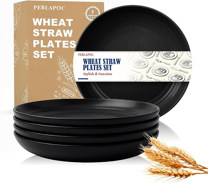 Unbreakable 8 Inch Dinner Plates Set of 6, Wheat Straw Dessert Plates, Lightweight Reusable Plastic Plates, Microwave & Dishwasher Safe for Party, Picnic, Family, Black