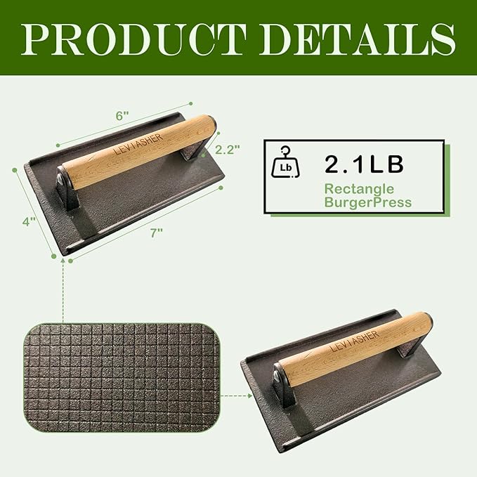 2.1lb Steak Weight & Burger Press, Grid Base, 7"X4" Rectangle Heavy Duty Cast Iron Grill Press with Wood Handle for Blackstone, Chef, Camp, Panini, Vegetable, Bacon, Sandwich, BBQ