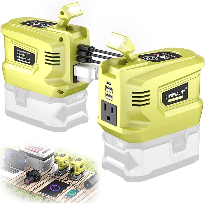 LIVOWALNY 200W Power Inverter Compatible with Ryobi 18V Battery, DC 18V to AC 110-120V Power Station with 1 AC Outlet, 2 USB, 1 Type-C & LED Light, for Camping Power Outage (No Battery) (2-Pack)