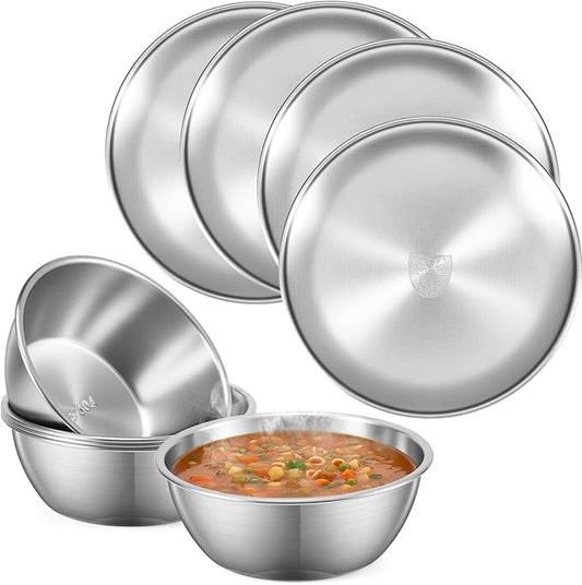 304 Stainless Steel Plates and Bowls Sets - 9 Inch Metal Camping Plates Reusable 20oz Steel Snack Bowls Feeding Serving Dinner Dishes for Adult Girls Boys