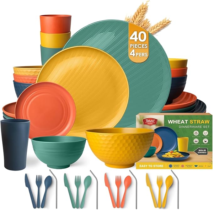 Teivio 40-Piece Kitchen Plastic Wheat Straw Dinnerware Sets for 4, Dinner Plates, Dessert Plate, Cups, Flatware, Dishwasher Safe, Colorful Unbreakable Apartment Outdoor RV Dishes, Autumn Multicolor