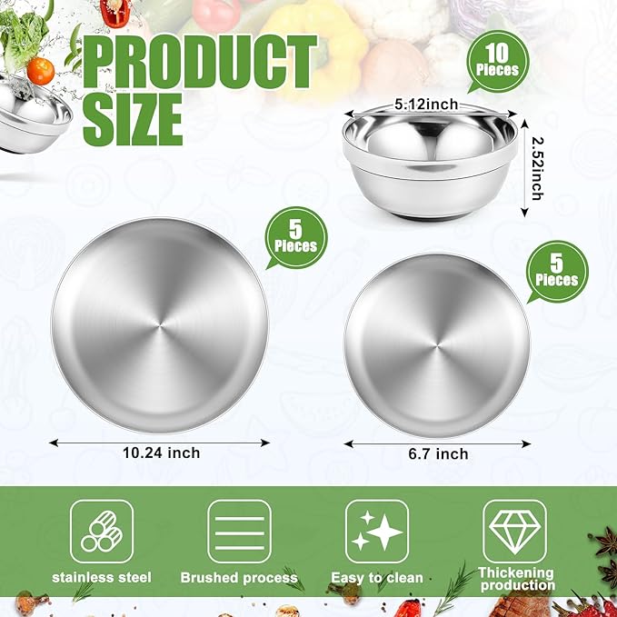 Sunnyray 10 Sets Stainless Steel Plates and Bowls 6.7, 10.2 Inch Metal Camping Plates Reusable 13oz Steel Snack Bowls Feeding Serving Dinner Dishes Double Walled Insulated for Men Women Kids