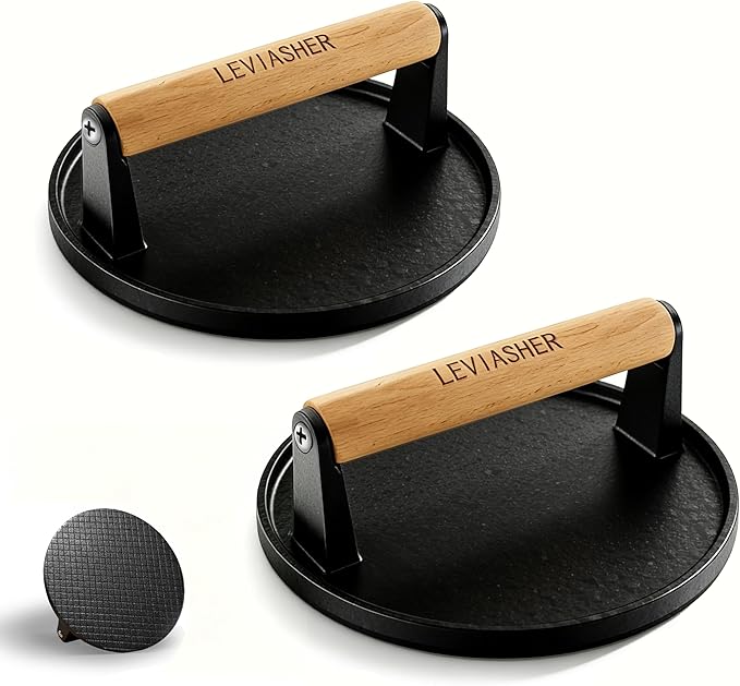 2 Pack 2.3lb Steak Weight & Burger Press, Grid Base, 7" Heavy Duty Cast Iron Grill Press with Wood Handle for Blackstone, Chef, Camp, Panini, Vegetable, Bacon, Sandwich, BBQ