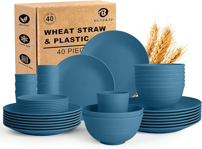 Wheat Straw Dishes Set 40 PCS, Unbreakable Dinnerware Set of 8 - Dinner Plates, Cereal Bowls, Water Cup, Lightweight, Reusable, Microwave & Dishwasher Safe Bowls for Kitchen and Outdoor - Blue