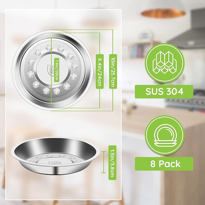 Patterned Deep Metal Camping Plates, 8 Pack 9.4 inch 304(18/8) Stainless Steel Plates, Reusable Pizza Food Serving Snack Eating Salad Dishes Round Shatterproof Silver Dinnerware Dinner Oven