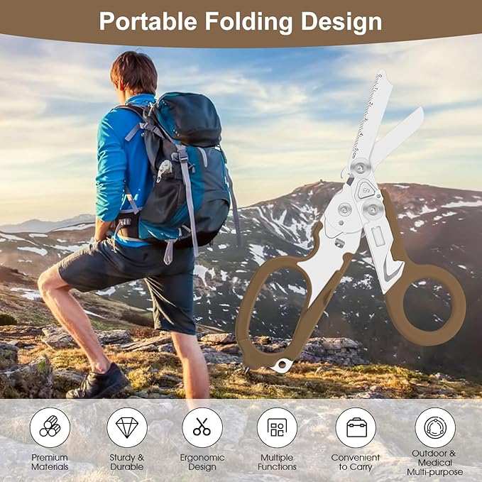 Lemasa6 in 1 Multifunctional Combination Tool, Folding Retractable Emergency Shears, Outdoor Camping Tools, Seat Belt Cutter, Oxygen Cylinder Wrench, Complimentary Adjustable Wrench (Bean Sand Colour)
