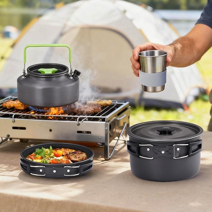 ROVSUN 34/10/6 pcs Camping Cookware Mess Kit, Lightweight Non-Stick Camping Cooking Pot and Pan Set with Stainless Steel Camping Gear Kettle Cup for Open Fire, Backpacking, Outdoor Cooking