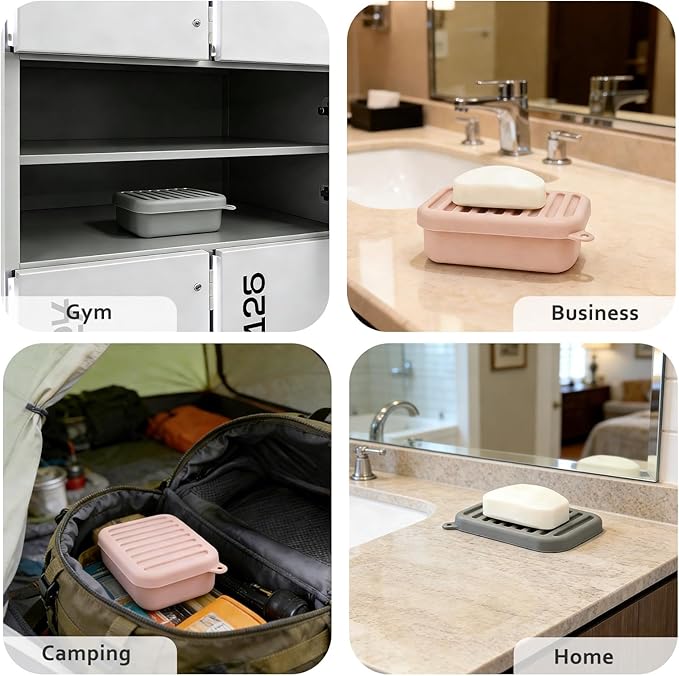 2PCs Silicone Travel Soap Case, Leak-Proof Bar Soap Container with Drain Tray, Portable Travel Soap Dish with Lid for Hiking, Gym, Camping, PortableToiletries Accessories (PinkGrey)