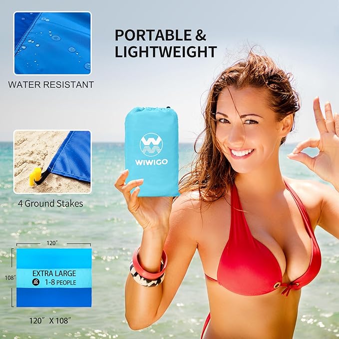 WIWIGO Beach Blanket Waterproof Sandproof Beach Mat 79" X 83"/10'x9'for 2-8 Adults Quick Drying Outdoor Picnic Mat Beach Accessories for Travel, Camping, Hiking