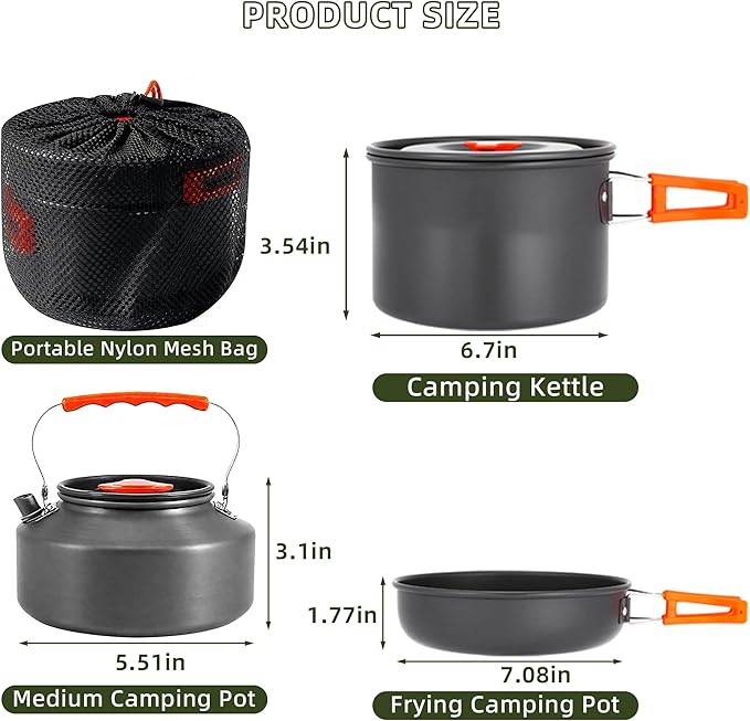 aiGear 3pcs Camping Cooking Set for 1-2 People, Lightweight Foldable Pot Pan Kettle with Storage Bag, Backpacking Cooking Set for Hiking Picnic Camping