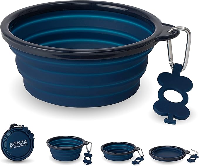 Bonza Collapsible Dog Bowl - Portable Travel Water Bowl for Dogs - Dishwasher Safe Silicone Pet Dish - Collapsible Pet Dish with Carabiner Clip - 50 Oz, X-Large, Navy Blue