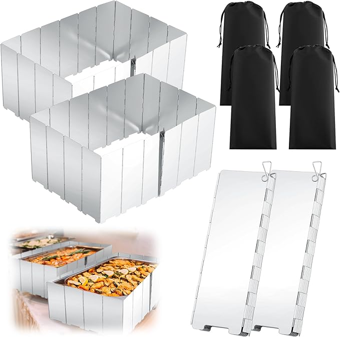 MorningRo 4 Pcs 80 Plate Chafing Dish Wind Stove Camping Guard 67 x 7.8'' Stainless Steel Wind Cover Folding Outdoor Windscreen with Drawstring Bag for Camp Picnic Burner Guard (Sliver)