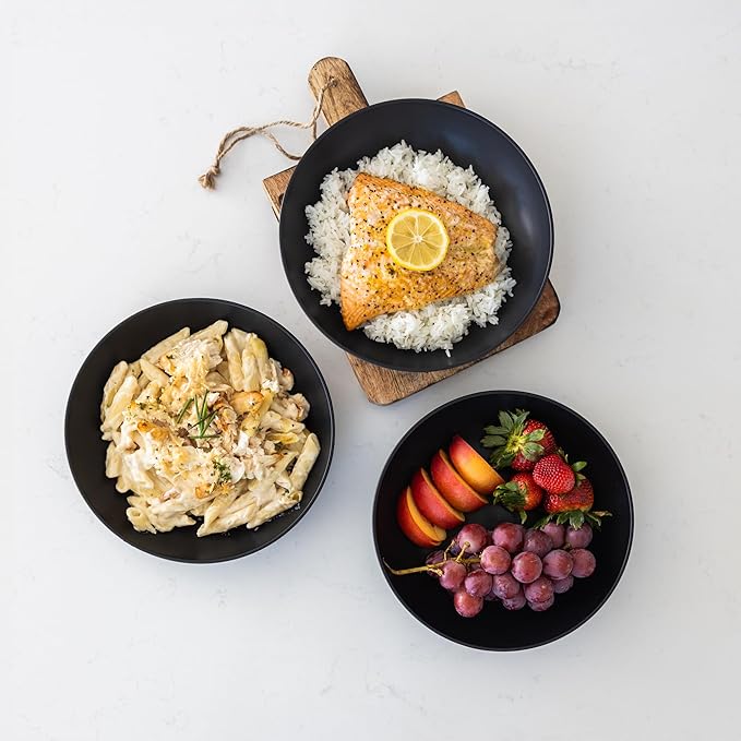 Grow Forward Premium Wheat Straw Pasta Bowls - 42oz Unbreakable Wide & Shallow Dinner Plate Bowls Set of 6 - Microwave Safe Reusable Plastic Pasta Bowls for Kids, Adults, Salad, Camping, RV - Midnight