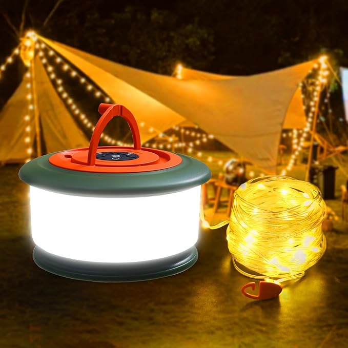 Camping String Lights, Rechargeable Tent Lights String with 6 Lighting Modes, 32.8 FT LED Hanging Waterproof Camping Lamp String for Garden, Travel, Decoration Festival Gift (Green Orange)