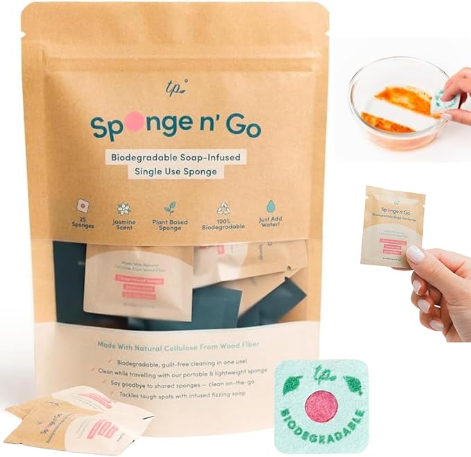 Sponge n' Go: 20-Pack Mini Travel Dish Soap & Sponges | Eco-Friendly, Soap-Infused, Single-Use Cellulose Compressed Sponges | Your On-The-Go Cleaning Companion for Trips, Camps, Work
