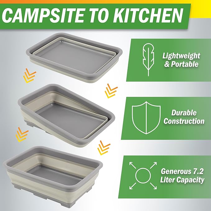 Collapsible Bucket for Cleaning - 7.27L Foldable Wash Bin Dish Tub - Collapsible Wash Basin or Camping Sink for Beach, Tailgating, or Soaking Laundry - Cleaning Supplies by Wakeman (Gray)