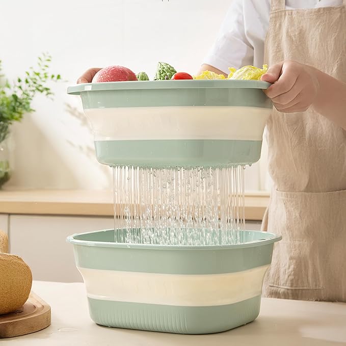 Collapsible Dish Basin with Colander, Foldable 2-in-1 Dish Pan and Strainer Set with Drain Holes, Portable Wash Basin for Kitchen Sink, Camping, Travel & RV (Grey)