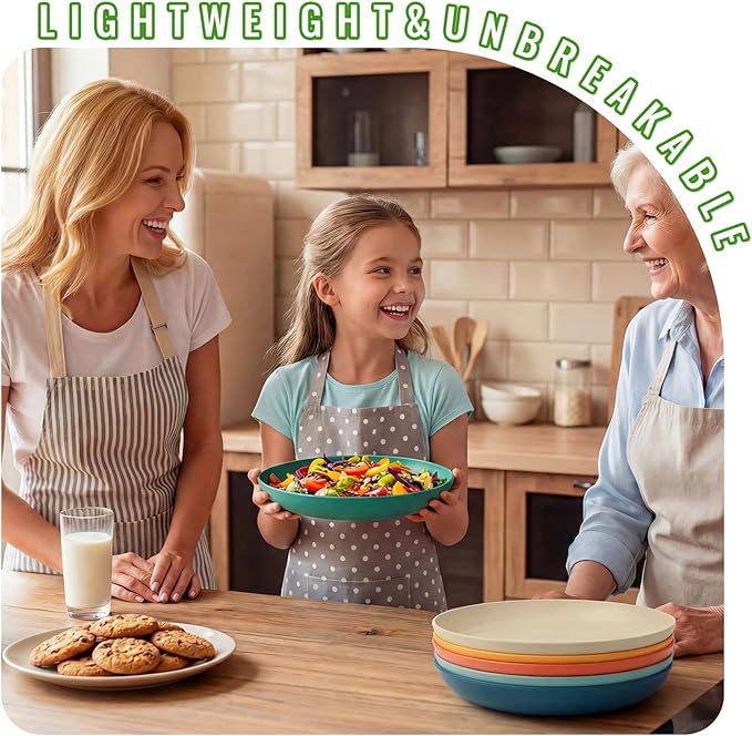 Wheat Straw Plates, 10 in Deep Dinner Plates Set of 6, Unbreakable Reusable Plastic Plates, Unbreakable Microwave and Dishwasher Safe Kids Plate for Kitchen, Camping, Multi