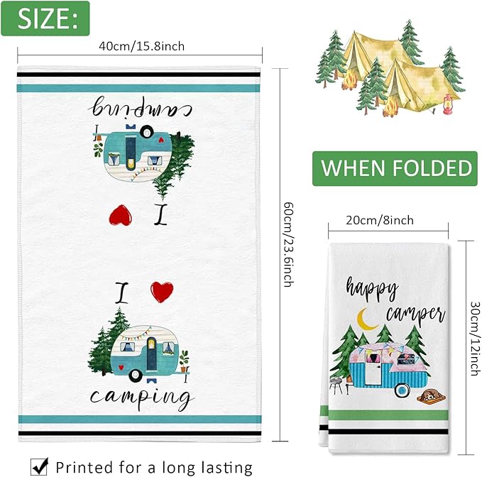 Camping Kitchen Towels Set of 4 Dish Towels Kitchen Hand Towels Kit Printed with Funny Sayings Novelty Gifts for Campers Happy Camper Camping Tent Pine Tree Farmhouse RV Decor Sign Home Decorations