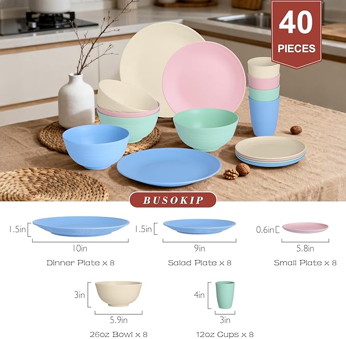 40 PCS Wheat Straw Dinnerware Sets | Service for 8, Unbreakable Plates and Bowls Sets - Dinner Plate, Cereal Bowl, Drinking Cups, Dishwasher & Microwave Safe for Kitchen, Camping,RV - Colorful