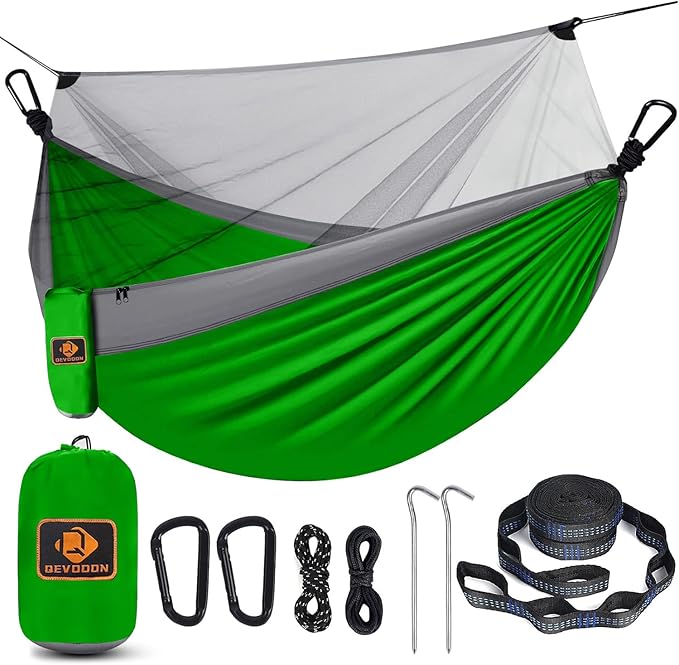 Qevooon Camping Hammock with Net,Portable Lightweight Double Hammocks with Tree Straps and Solid D-Shape Carabiners,Parachute Nylon Hammock for Backpacking Beach Backyard Patio Hiking Green&Grey