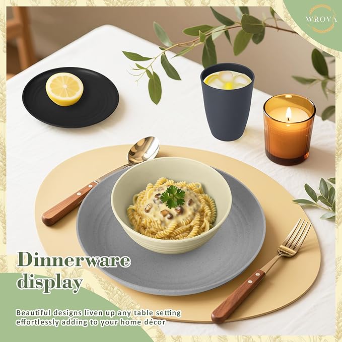 Wrova 32-Piece Wheat Straw Dinnerware Sets for 8, Dishwasher Safe Unbreakable Kitchen Bowls and Plates Sets with Cups, Alternative to Plastic Dish Sets for Camping, Dorm, R.V. Black & Grey