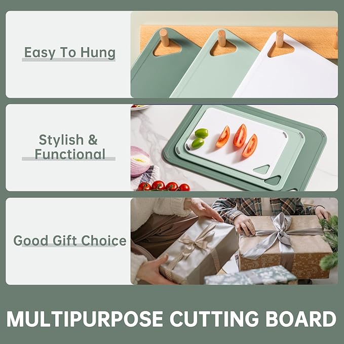 THETCHRY Plastic Cutting Board Set of 3-Cutting Boards for Kitchen BPA Free, Large-Small Chopping Boards Non-Slip for Cooking Camping Dishwasher Safe, Reversible, with Grip Handle, 15"×10"×0.25" Green