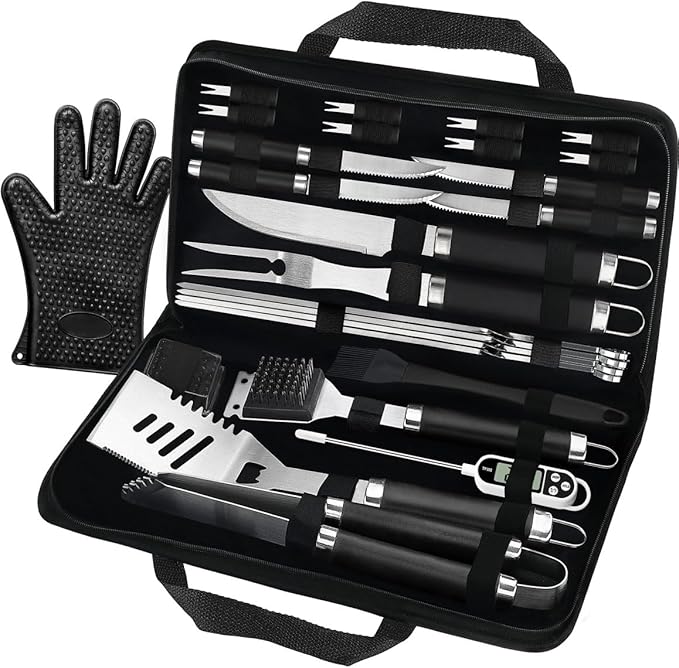 POLIGO 26 PCS BBQ Grill Accessories Stainless Steel BBQ Tools Grilling Tools Set with Storage Bag for Fathers Day Dads Birthday Presents - Camping Grill Utensils Set Ideal Grilling Gifts for Men Black