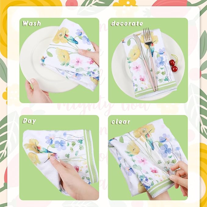 Oudaoudain Sets of 6 Spring Kitchen Towels Decor Floral Wildflower Hummingbirds Branches Dish Hand Tea Towels for Spring Party Holiday Supply Bathroom Housewarming Gift