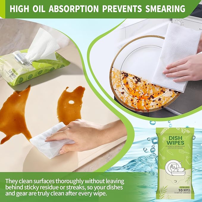 Creatyi 4 Pack Dish Wipes Camping Dish Wipes Travel Dish Soap Camp Kitchen Wipes Portable Cleaning of Plates, Bowls, Tableware and Ktchenware for Travel Camping (40 PCS)