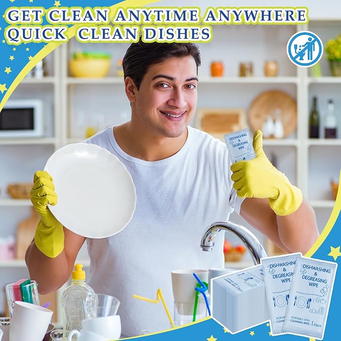 Tondiamo 300 Pcs Travel Dish Soap Wipes Individually Wrapped Dish Cleaning Wipes Disposable Portable Cleaner with Lemon Scent for Camping Kitchen Outdoor Traveling Quick Clean