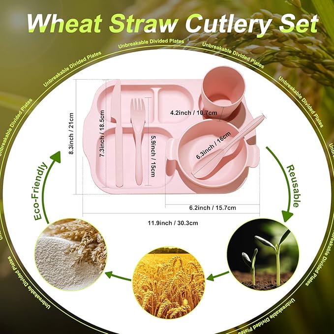 24 Pcs Wheat Straw Dinnerware Cutlery Set for Aldult Including Divided Plates Microwave Dishwasher Safe Bowl Unbreakable Tableware Straw Cutlery Spoon Knife Fork(Beige/pink/green/blue)