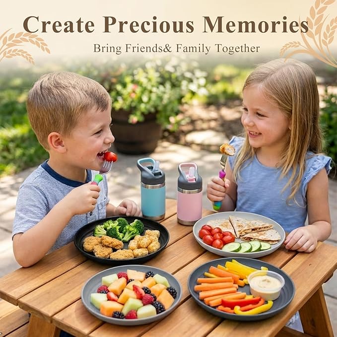 Small Plastic Plates Set for 8, Unbreakable Wheat Straw Plates 8 Inch, Kitchen Plates for Holiday, Party, RV, Microwave Safe Plate for Salad, Fruit, Bread - BlackGrey