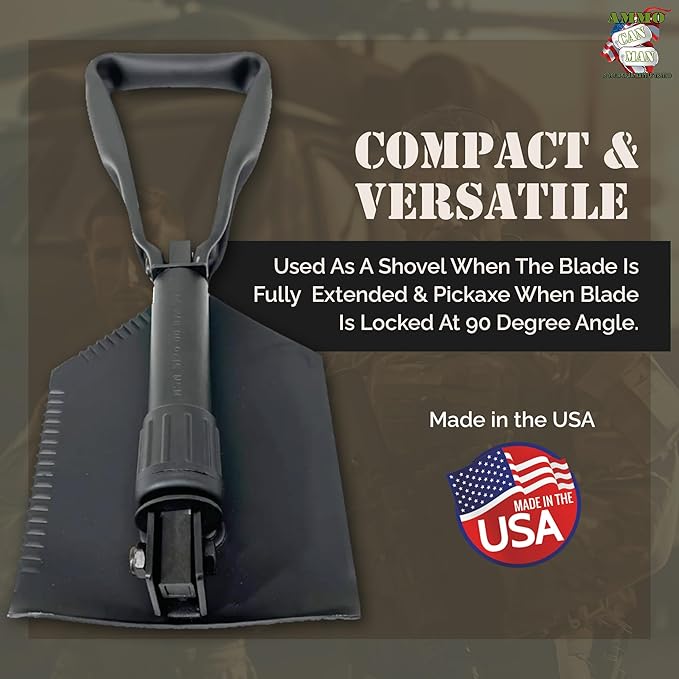 2 Piece Military Grade Entrenching Tool Set – Tri Fold Metal Alloy Foldable Camping Shovel w/ACU Pouch – Compact, Multipurpose Collapsible Shovel – Versatile Survival Gear for Outdoor Enthusiasts