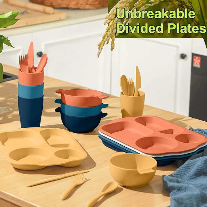 24 Pcs Wheat Straw Dinnerware Cutlery Set for Aldult Including Divided Plates Microwave Dishwasher Safe Bowl Unbreakable Tableware Straw Cutlery Spoon Knife Fork(Bright Color)