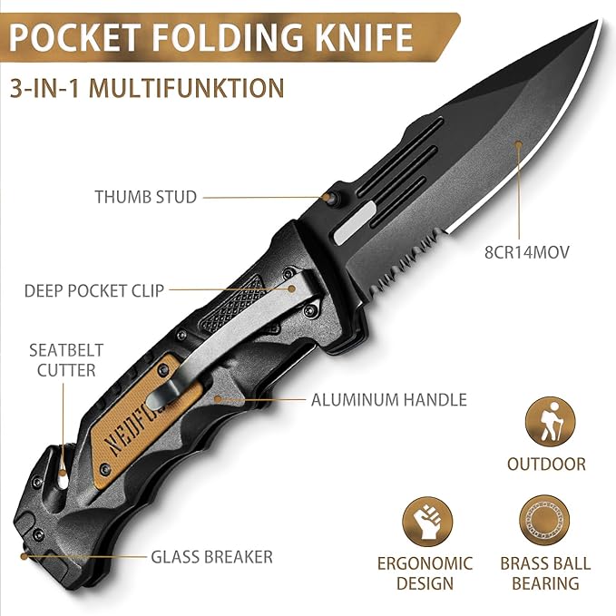 NedFoss Pocket Folding Knife Gift for Men DA75, 3 in 1 Pocket Knife for Men, 3.9” Serrated Blade, Cool knives for Dad Fathers Day, Survival Knife with Liner-Lock Belt Clip, Seat Belt Cutter, Glass Breaker, Tacical Gear, Hunting knife for Camping Hiking...