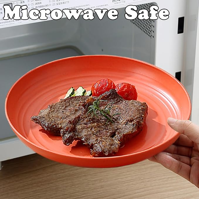 Wheat Straw Plates, Unbreakable Dinner Plates Set of 4, Plastic Plates Reusable, Dishwasher & Microwave Safe, Lightweight Salad Plates for Camping/Kitchen (Orange)