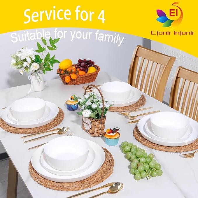 EI 12pcs White Wheat Straw Plates,Wheat Straw Dinnerware Set,Plates and Bowls Sets,Unbreakable Plastic Plate,Plastic Plates Reusable,Dinner Plates Set of 4,Plastic Dishes Set