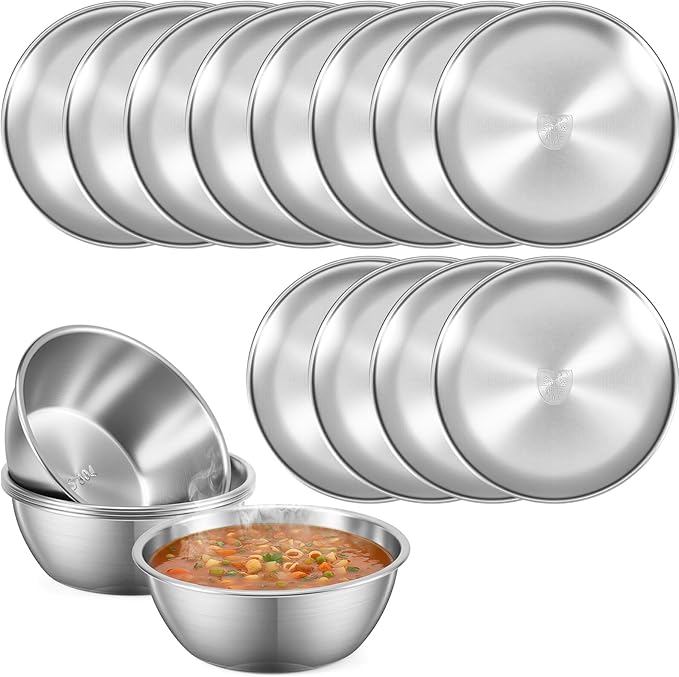 304 Stainless Steel Plates and Bowls Sets for 12, 24 Pieces 9 Inch Metal Camping Plates and Bowls Sets for Picnic, Travel, Reusable Double Insulated Dinnerware for Adult Girls Boys (Silver)