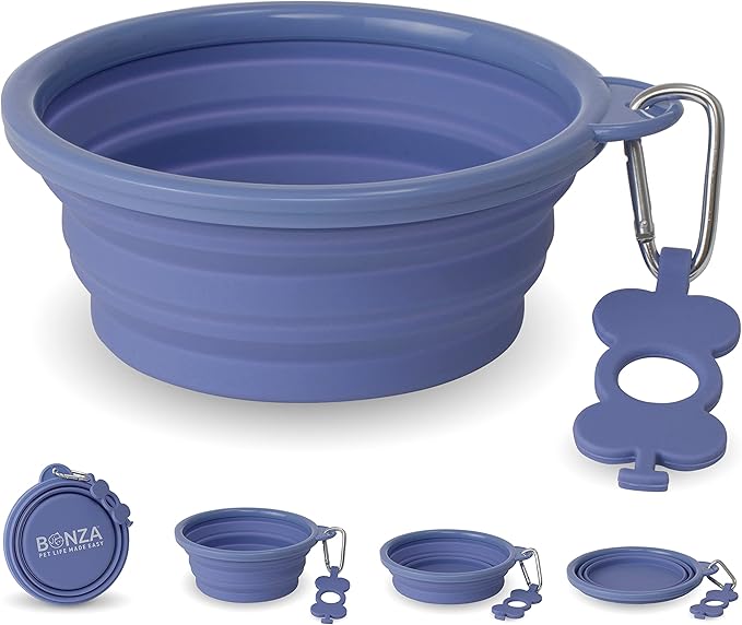 Bonza Collapsible Dog Bowls - Large 33 oz, Dog Travel Accessories, Silicone Portable Dogs Bowl & Water Dish with Reinforced Rim & Carabiner for Hiking, Camping, and Car Trips, Moss Periwinkle