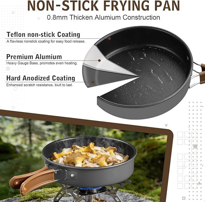 18Pcs Camping Cookware Mess Kit, Joyfair 7.8” Nonstick Camp Cooking Utensil Set (Pot, Pan, Kettle, Grill Grate), Outdoor Backpacking Gear Open Fire Essentials Accessories, Compact/Portable/Lightweight
