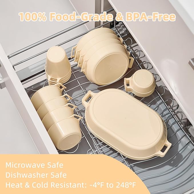Dinnerware Set for 4, 21-Piece Reusable Plates and Bowls Set with Mesh Bag, Cups, Sauce Dishes and Serving Platters, Lightweight Outdoor Dish Set for Picnic, RV, Patio, BBQ, Cream White