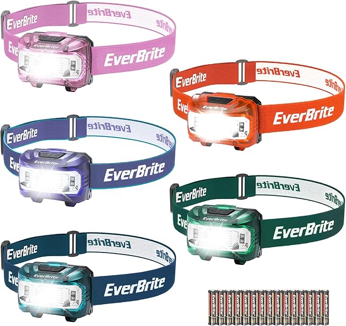 EverBrite Headlamp, 5 Pack Kids Headlamp with Red Light and Memory Function, Head Lamp for Adults and Kids with 5 Modes, Bright Headlamps for Camping, Running, Children's Day Gifts, Batteries Included