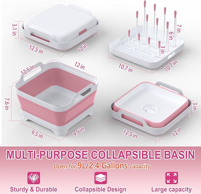 Collapsible Wash Basin for Baby Bottles with Drying Rack – 2.4 Gallon Foldable Dish Tub with Handles, Portable RV Camping Sink & Space-Saving Wash Bin with Lid for Kitchen, Travel & Outdoor, Pink
